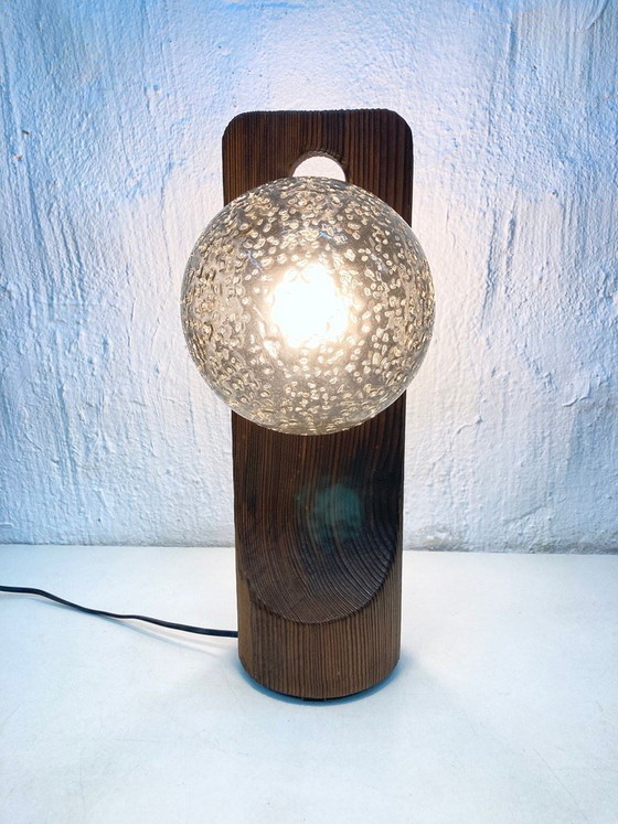 Image 1 of Tischleuchte von Temde aus Holz und Glas zweiflammig 70er brutalistischer Stil