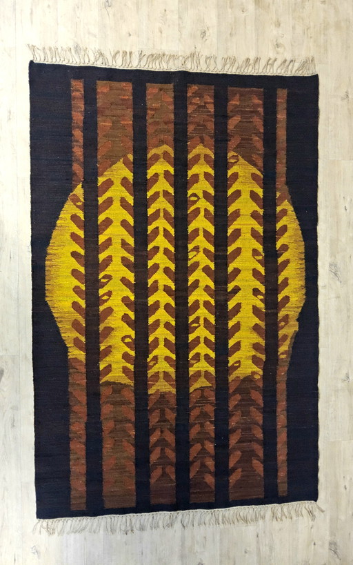 Tapis kilim design en laine vintage Maria Janowska (Zachód) coucher de soleil (art polonais)
