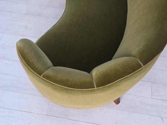 Image 1 of 1960s, Danish Curved 2-Seater Sofa, Green Furniture Velour, Oak Wood Legs