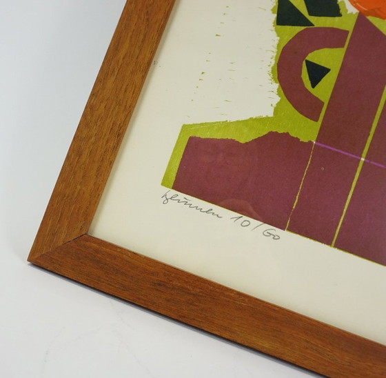 Image 1 of mid century color WOODCUT 'flowers" by heinz friedrich no. 10/60 framed signed h. friedrich 70