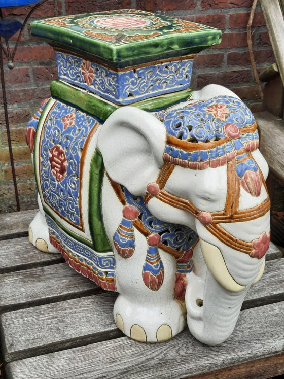 Image 1 of Vintage glazed figurative ceramic Chinese royal elephant garden stool, 20th century