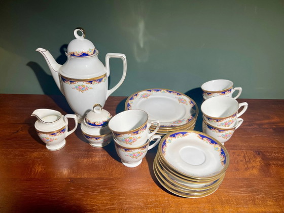 Vintage Koffieservies voor 6, Kobaltblauw met 14k Gouden Rand, Mosrozen, Uitstekende Staat, van Bavaria (photo 3 of 10)