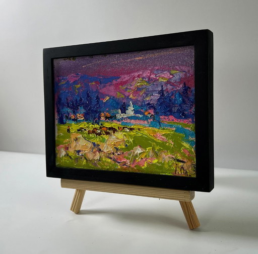 Original Oil Painting Summer Field Landscape Blue Nature Night – schilderijen tekeningen, Canvas (photo 2 of 8)