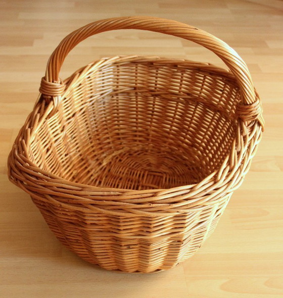Image 1 of Grand panier à provisions, panier de pique-nique, osier, fait main - vintage