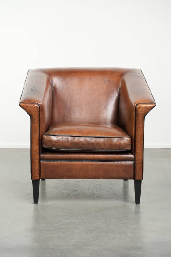 Image 1 of Strakke schapenleren Art Deco design armchair/ fauteuil met zwarte biezen en een prachtige warme kleur