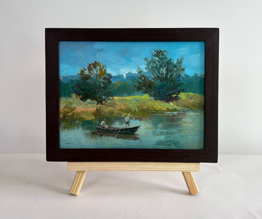Original Oil Painting Summer Coastal Landscape Two people are sailing on a boat