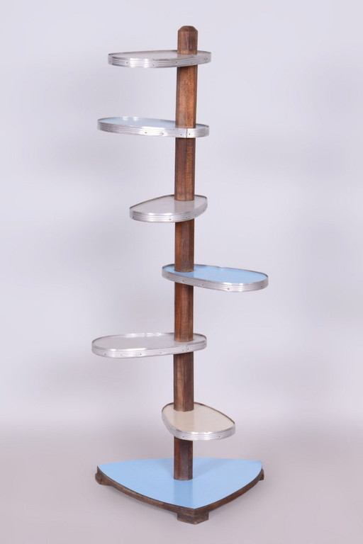 Soporte para flores restaurado de mediados de siglo, madera de haya, Umakart, aluminio, checo, década de 1950. – plantentafel