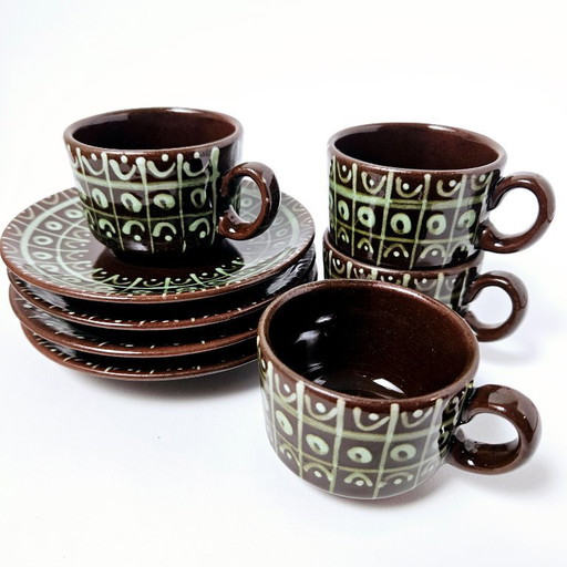 Mid-century set of 4 coffee cups with saucers | Amazing vintage hungarian espresso pottery | Unique hand-painted ceramic