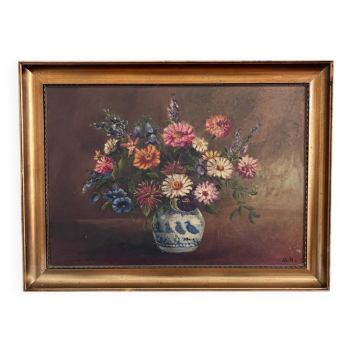 Peinture à l'huile florale originale vintage avec vase bleu et blanc