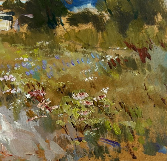 Image 1 of Origineel olieverfschilderij: Landschap met zomerhuis en wilde bloemen in de buurt van het huis.