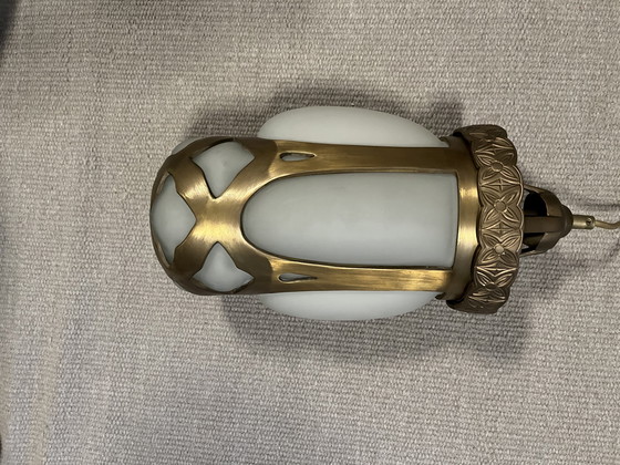 Image 1 of Vladimir Kriatkow lamp, bronze with milk glass, hand-blown using a traditional technique. Made in India.