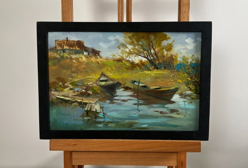Origineel olieverfschilderij: Zomers kustlandschap, zomerse rust aan de rivier