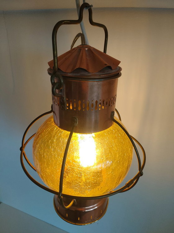 Ship's lantern 360 degrees with spherical amber crackle glass, Pendant lamps, Copper, Yellow, Vintage (photo 4 of 12)