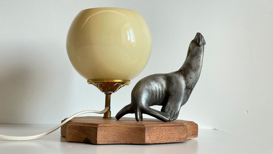 Image 1 of Art Deco Sea Lion Lamp Metal and Blown Glass France