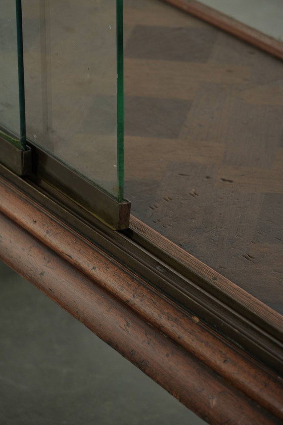 Image 1 of Large antique 19th-century English oak display cabinet/shop cabinet with multiple glass levels