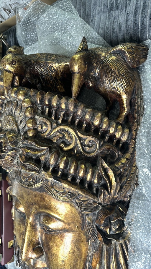 Antiek Hout Handgesneden Groot Masker Beeld
