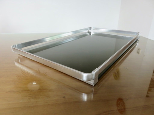 Vassoio molto grande, MB Italia per Roche Bobois, alluminio e vetro fumé, 1970