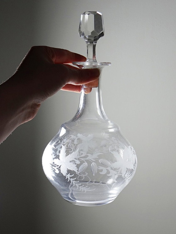 Image 1 of Antique engraved crystal decanter with vegetal decoration, Bohemian 19th-20th century