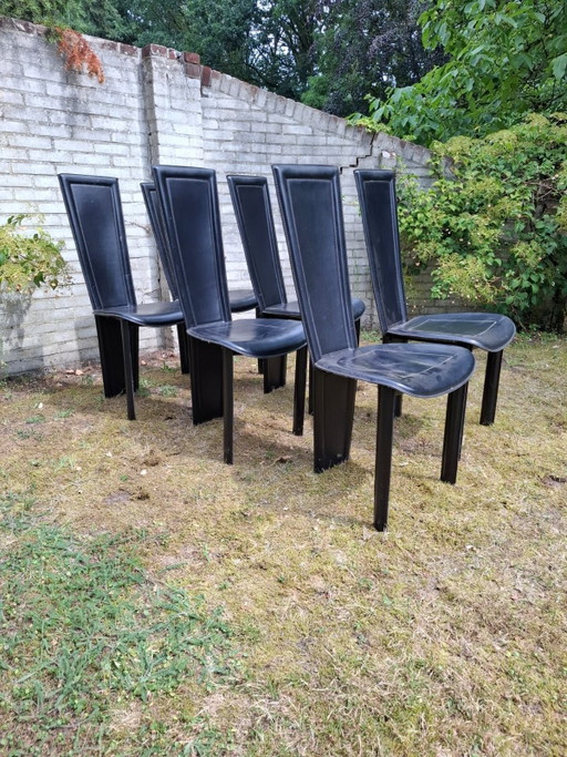 Vintage Eetkamerstoelen 6 Italiaans Zwart Leer Hoge Leuning