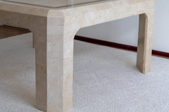 Square travertine coffee table in the style of Maitland-Smith, Wood, Beige, Postmodern (photo 3 of 6)