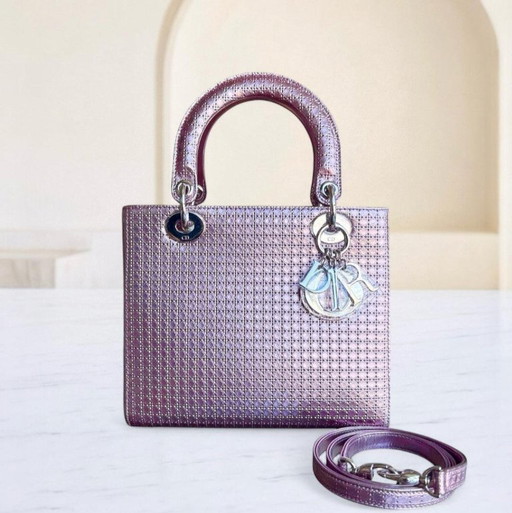 DIOR LADY MEDIUM - MICRO-CANNAGE METALLIC ROZE ZILVEREN BESLAG