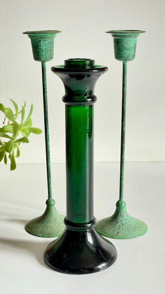 Image 1 of Vintage Glass and Metal Candle Holders Green