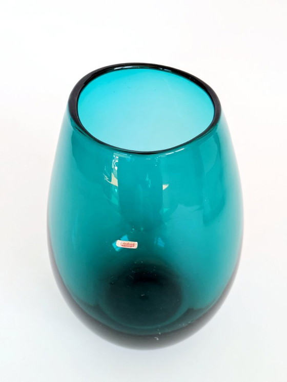 Image 1 of Midcentury Karl Friedrich Glas Mouth-Blown Teal Glass Vase, Votive Holder, 1960s German Art Glass