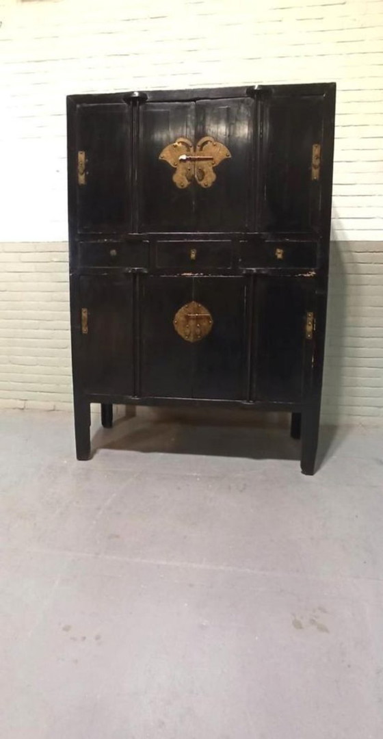 Image 1 of Vintage black lacquered and brass cabinet 