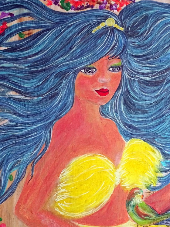 Gemälde Frau mit blauen Haaren und Vögeln, Gemälde & Zeichnungen, Holz, Leinwand, Gelb, Figuratief (Foto 4 von 10)
