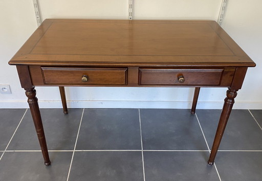 Bureau ancien merisier et marqueterie 2 tiroirs et 2 tablettes 112x60 h76cm
