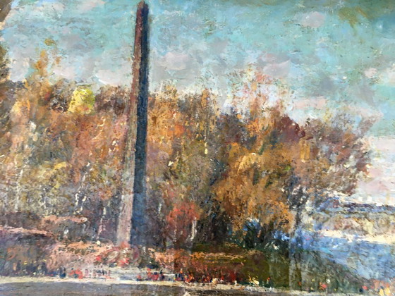 Image 1 of Dipinto ad olio originale d'epoca raffigurante un paesaggio urbano di Glory Park