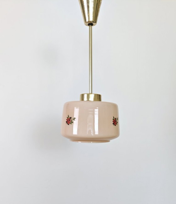Vintage Pink Glass Pendant Light with Rose Floral Pattern & Brass Details, Pendant lamps, Metal (photo 2 of 9)