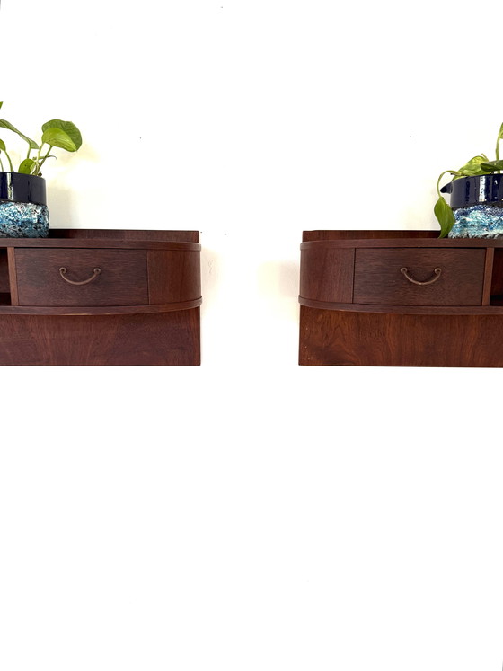 Image 1 of 2x vintage teak floating Danish bedside tables ‘60s