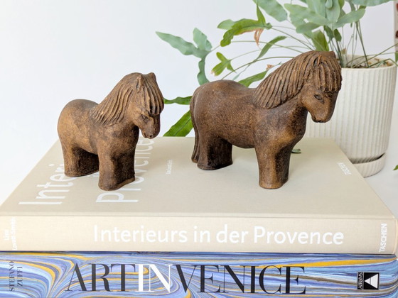 Image 1 of Pair of Midcentury Stoneware Horse Figurines, Mare and Foal | Scandinavian Style
