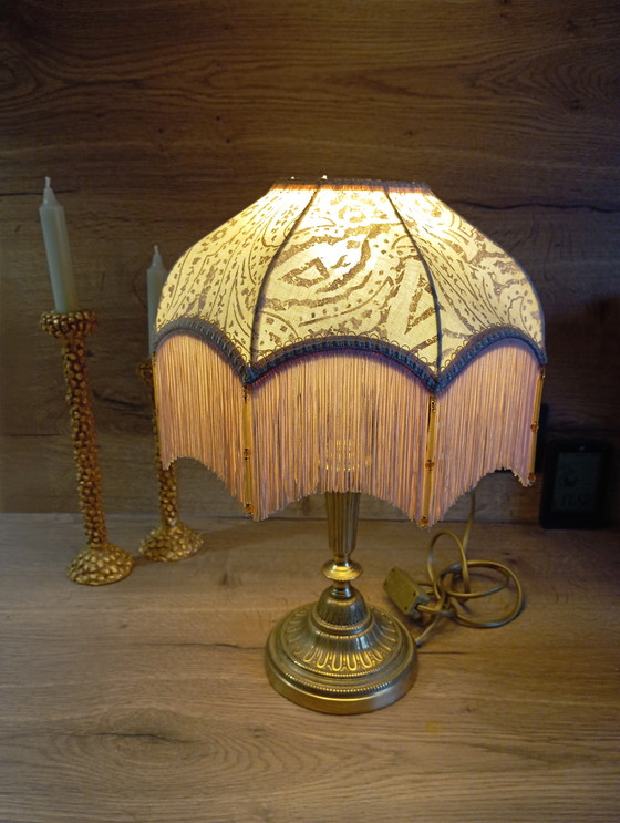 Image 1 of Bronze Living Room Lamp, Art Nouveau Style, Fabric and Fringe Dome Lampshade