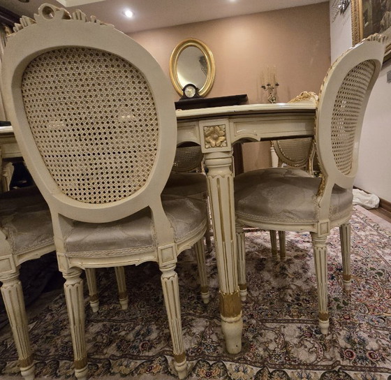 Image 1 of Grand Louis XVI Style Dining Suite: Large Oval Table & 10 Medallion Chairs (Solid Walnut)