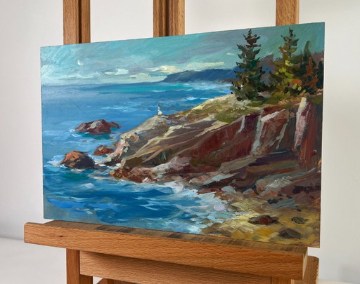 Original Oil Painting Coastal Rock Landscape Between the sky and the sea