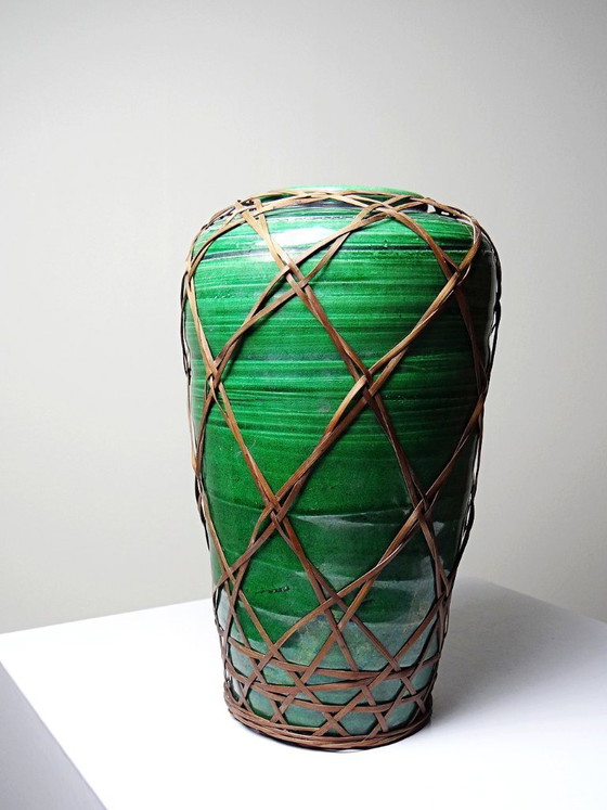 Image 1 of Antique Japanese green ceramic vase with Awaji Yaki bamboo lacing, 1900-1930