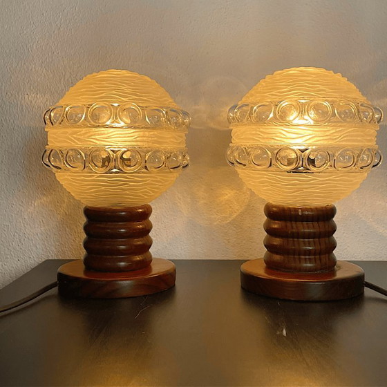 Portuguese Mid Century Wood And Frosted Glass Wooden Table Lamps, Set Of 2 (photo 3 of 11)