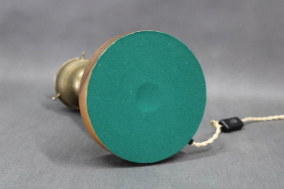 Image 1 of 1940s Restored Brass Table Lamp with Wooden Base and Glass Shade