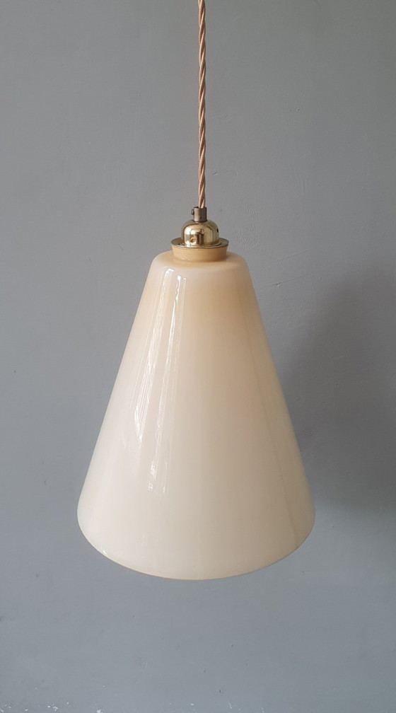 Image 1 of Large Vintage Opaline Conical Pendant Lamp in Amber / Soft Yellow Art Deco Style