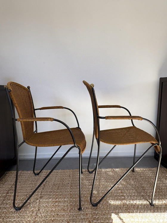Image 1 of Ensemble de chaises vintage en rotin et fer forgé Frederick Weinberg