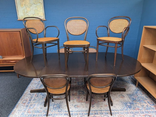 Vintage dining set with round dining table and rattan chairs, Thonet, 1960s