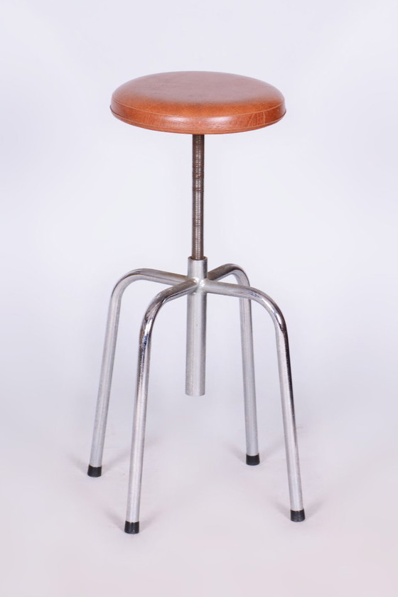 Original Bauhaus Swivel Chair, Chrome-Plated Steel, Leatherette, Czech, 1950s – Stools, Metal (photo 8 of 10)
