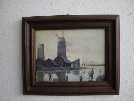 Image 1 of Kleines stimmungsvolles Bild im Massivholzrahmen, Motiv Windmühlen im Winter, unsigniert, Druck, ca. 1960