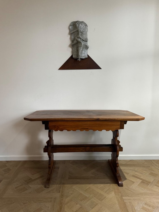 Image 1 of Antique German / Alpine Trestle Table With Drawer