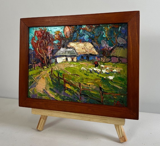 Image 1 of Original Oil Painting Summer Village Landscape Warm rural street