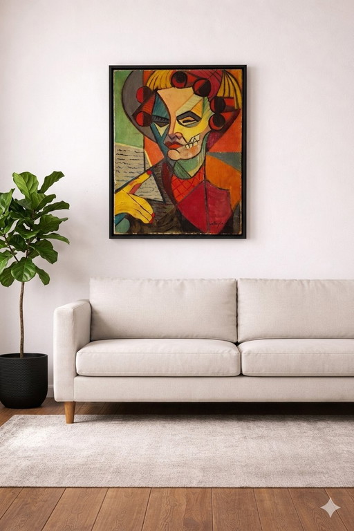 Oil on canvas, Cubism, American box frame, The Woman with Curlers Undressed, signed Calezis