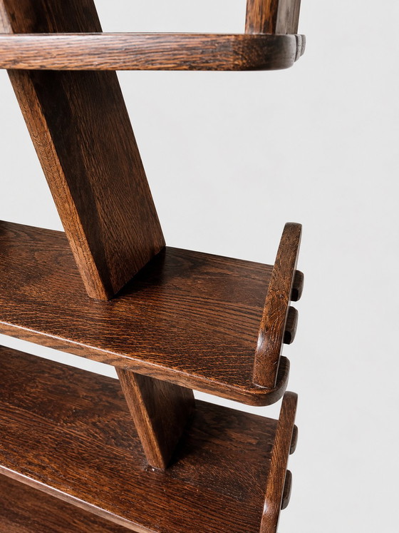 Image 1 of Vintage Brutalist oak pyramid bookcase / wall rack – Netherlands, 1970s