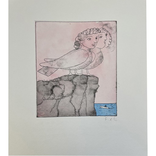 Vintage painting "Mermaids" on paper by François Xavier Lalanne, 2005s